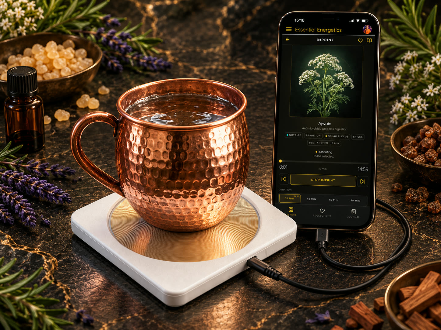 Copper mug on an iMprinter beside the Essential Energetics Ajwain iMPRINT session on iPhone