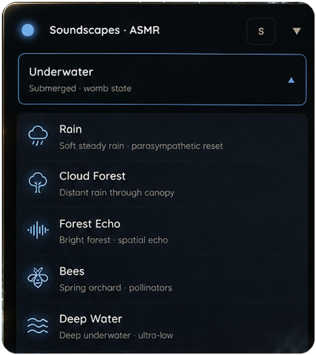 Haptic Synthesizer Soundscapes · ASMR preset list - Underwater, Rain, Cloud Forest, Forest Echo, Bees, Deep Water