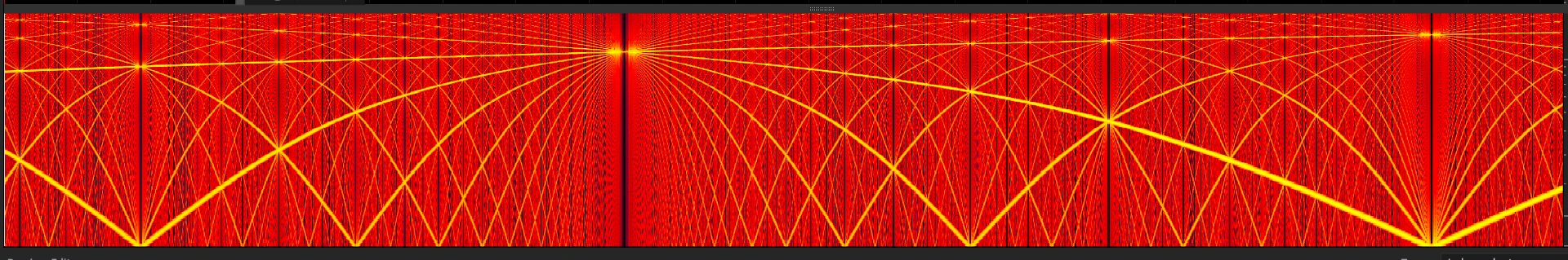 Spectrogram of a BioPhi adaptive program from the Frequency Healing app, showing dense layered harmonic structure moving across the session