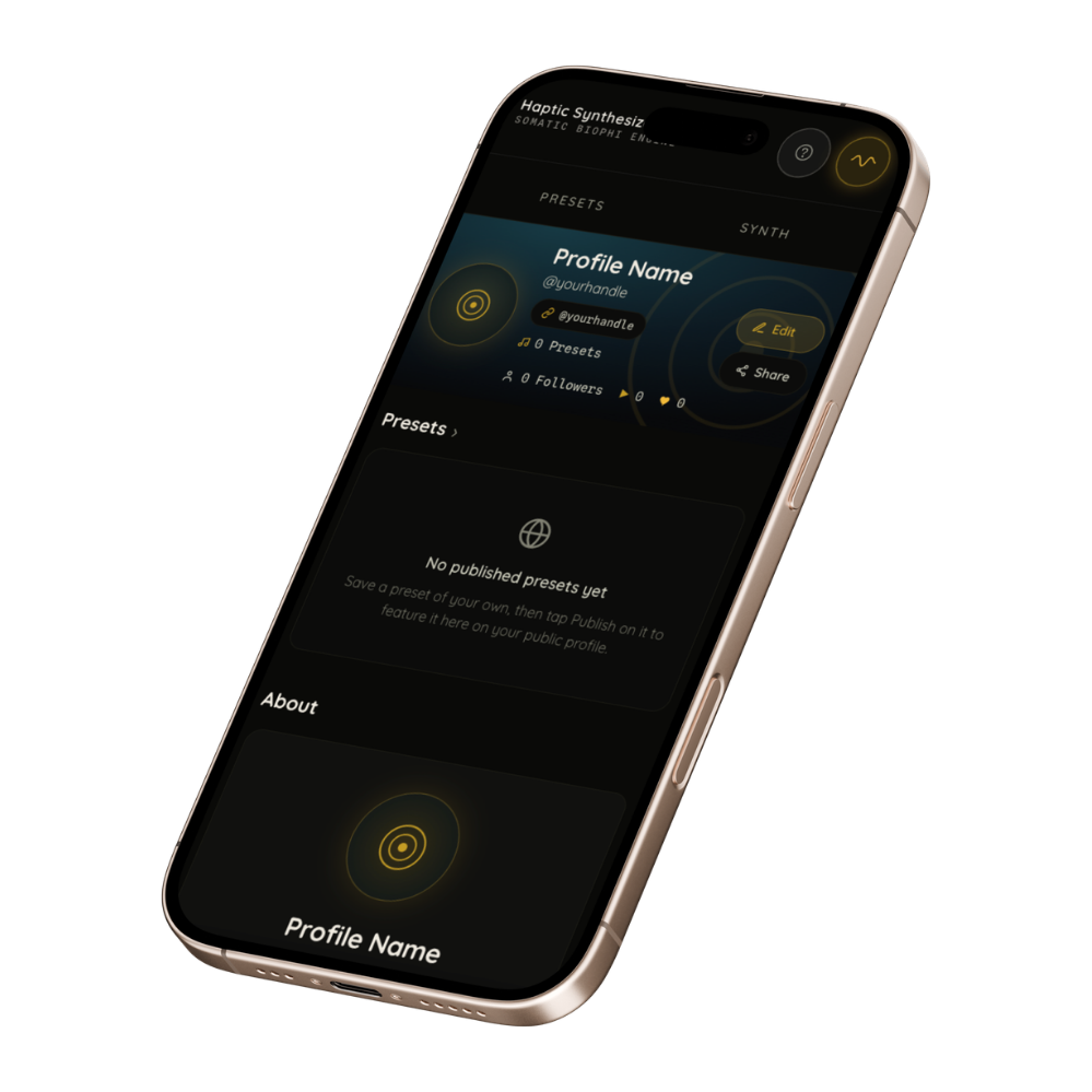 Haptic Synthesizer public profile on iPhone - profile name, handle, presets count, followers, published presets, About