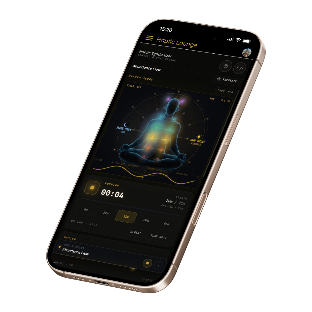 Haptic Lounge on iPhone showing the live Chakra Scope with seven illuminated energy centers, session timer and currently playing preset