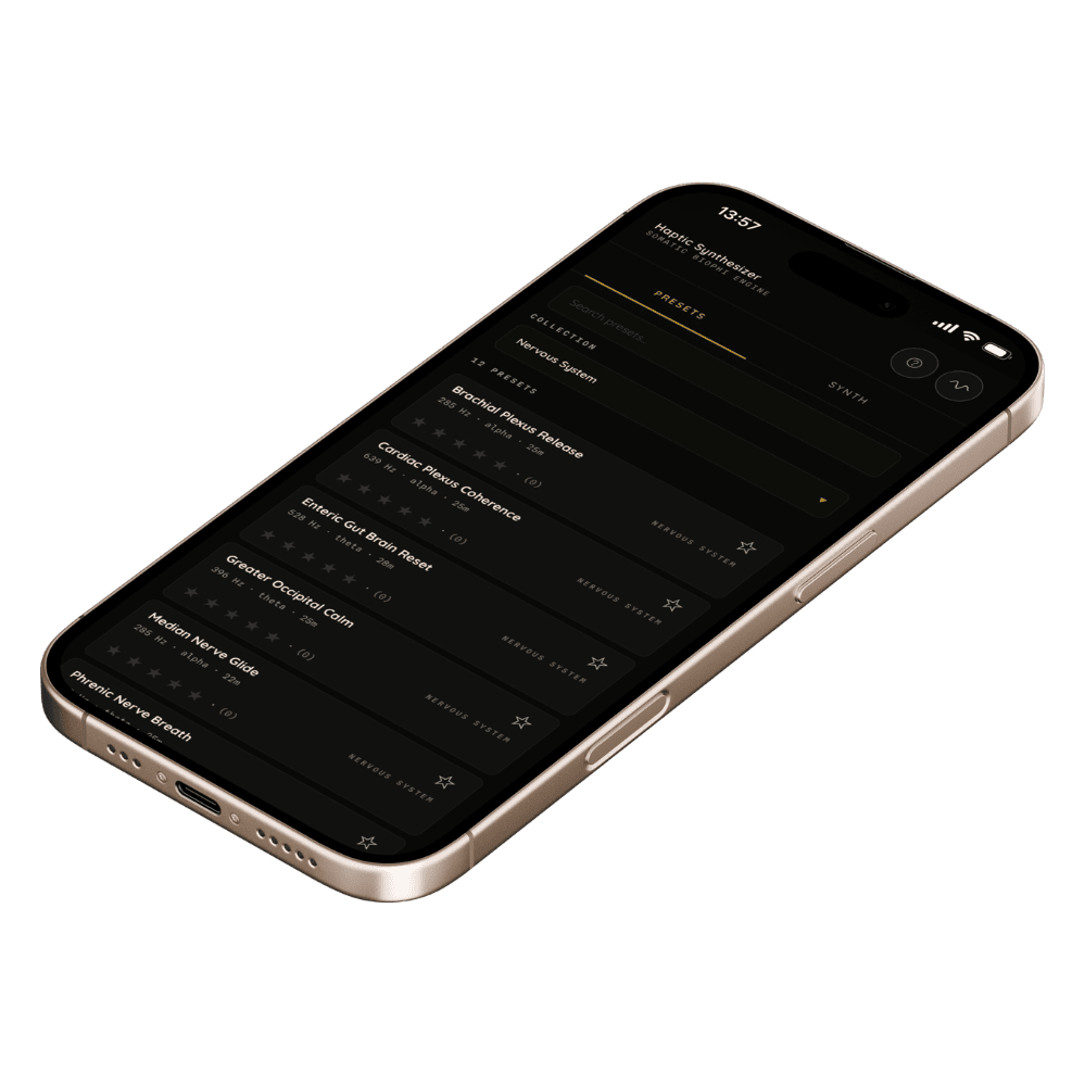 Haptic Lounge preset library on iPhone - Nervous System collection showing Brachial Plexus Release, Cardiac Plexus Coherence and more