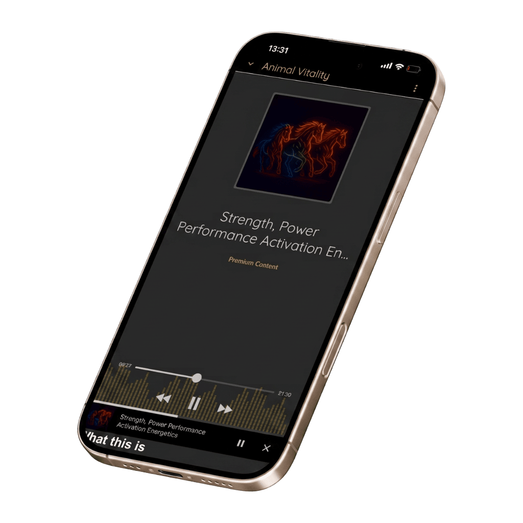 Animal Vitality program playing on iPhone - Strength, Power, Performance Activation Energetics with neon horse artwork