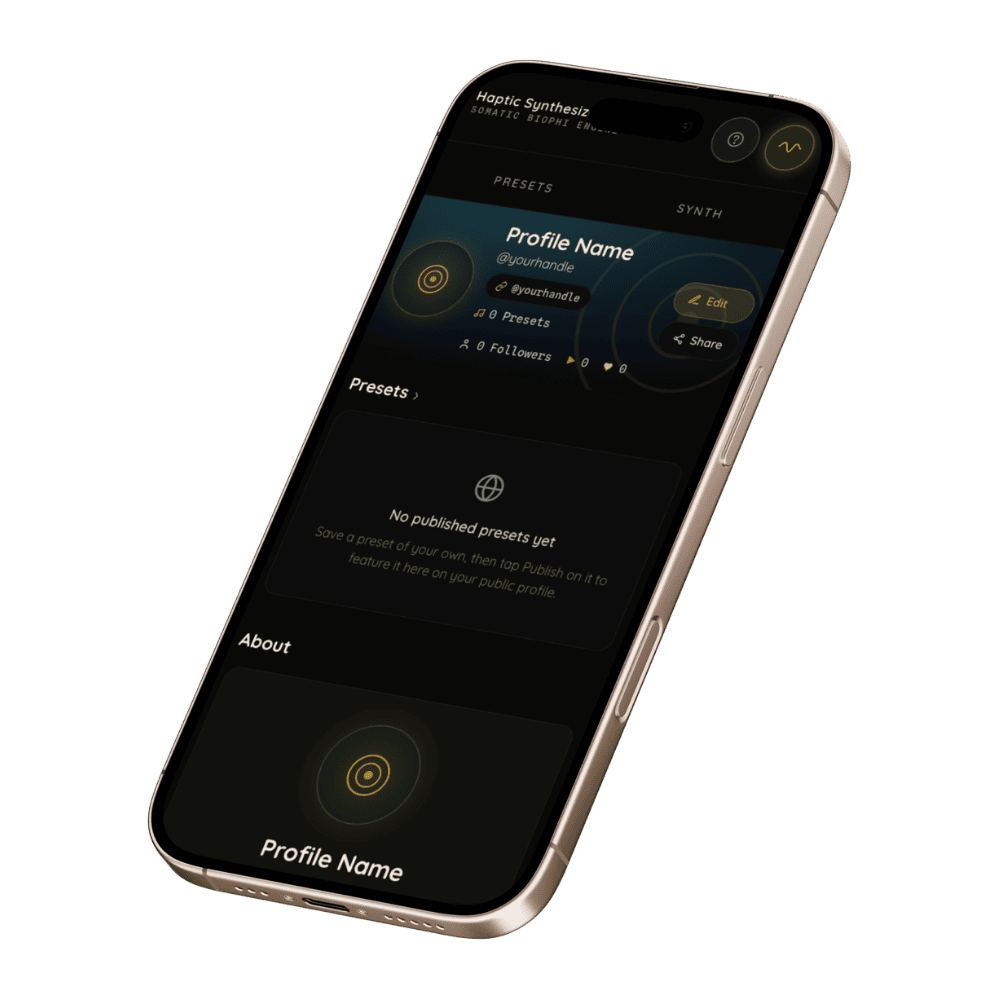 Haptic Lounge public profile on iPhone - profile name, handle, presets count, followers, published presets, About
