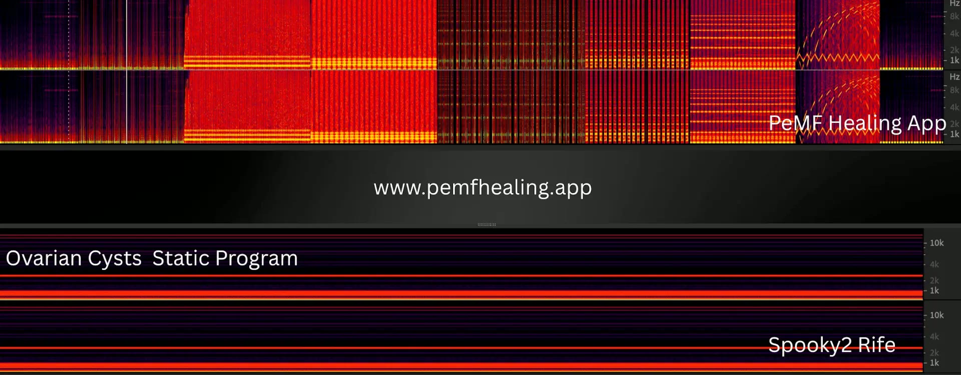 Spectrogram comparison: the layered, evolving PeMF Healing App program above the flat, static lines of an Ovarian Cysts static program and Spooky2 Rife