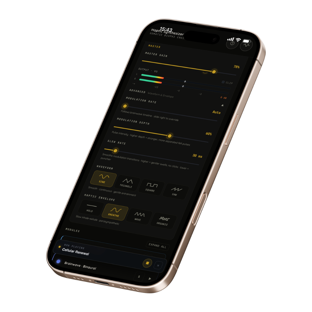 Advanced controls on iPhone - Modulation Rate, Modulation Depth, Slew Rate, Waveform and Haptic Envelope