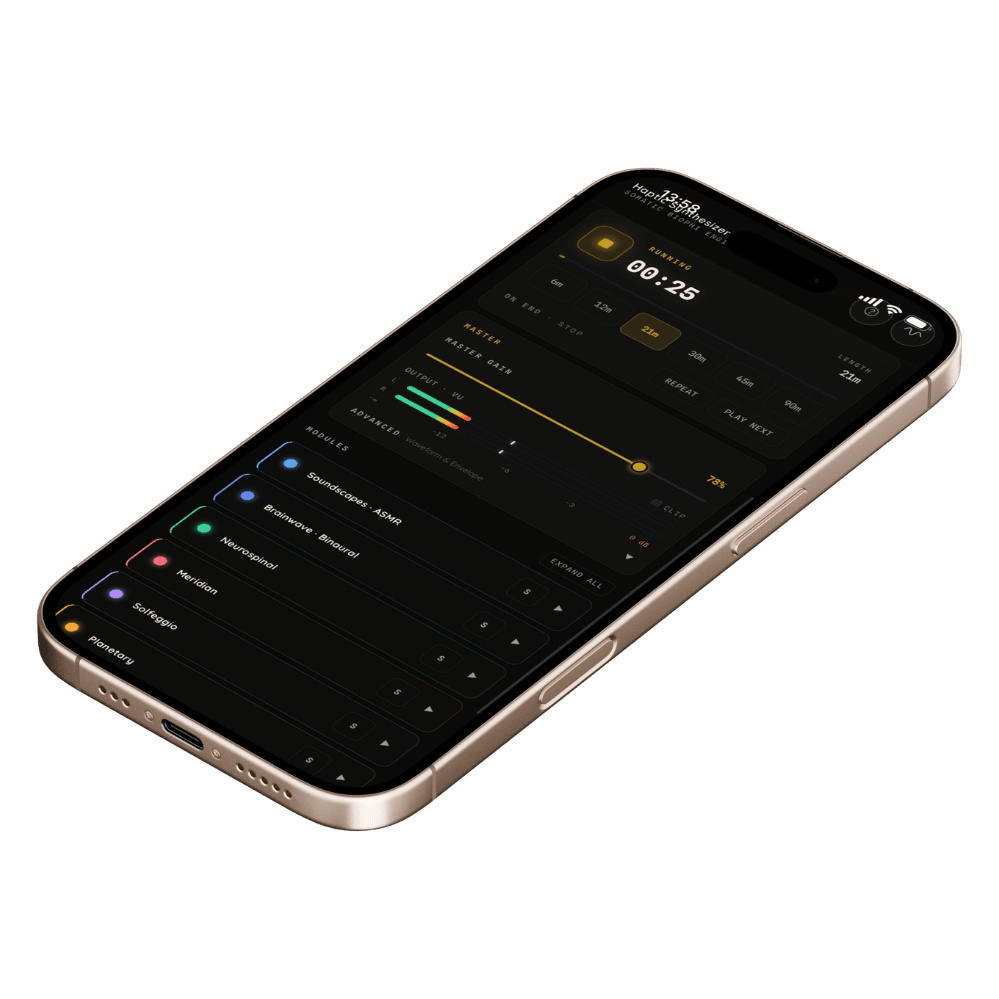 Haptic Lounge iPhone app showing the modules screen with frequency category tabs