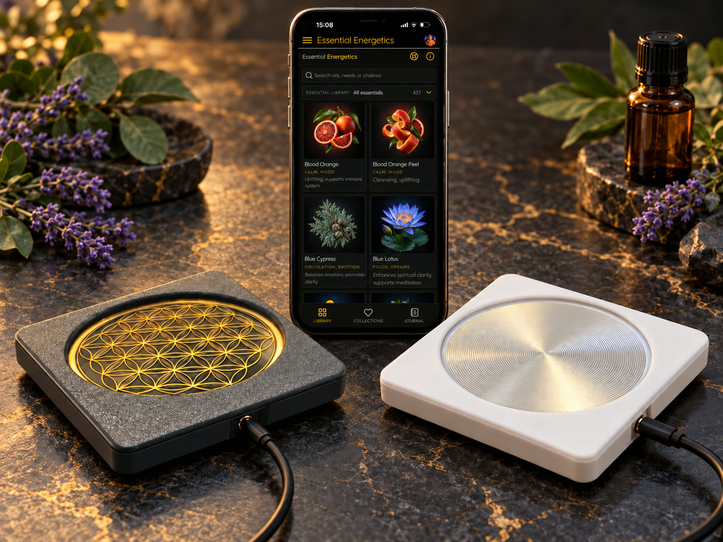 Two iMprinter pads beside an iPhone running the Essential Energetics botanical library