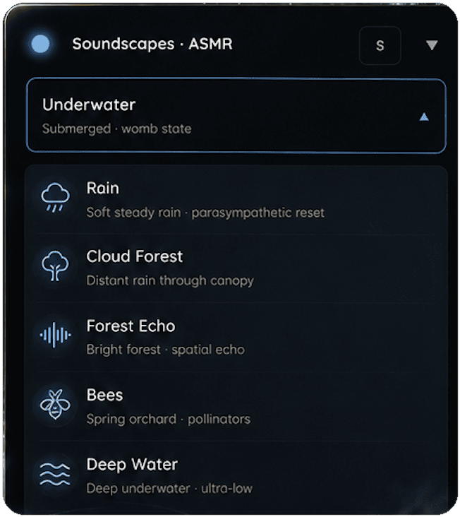 Haptic Lounge Soundscapes · ASMR preset list - Underwater, Rain, Cloud Forest, Forest Echo, Bees, Deep Water