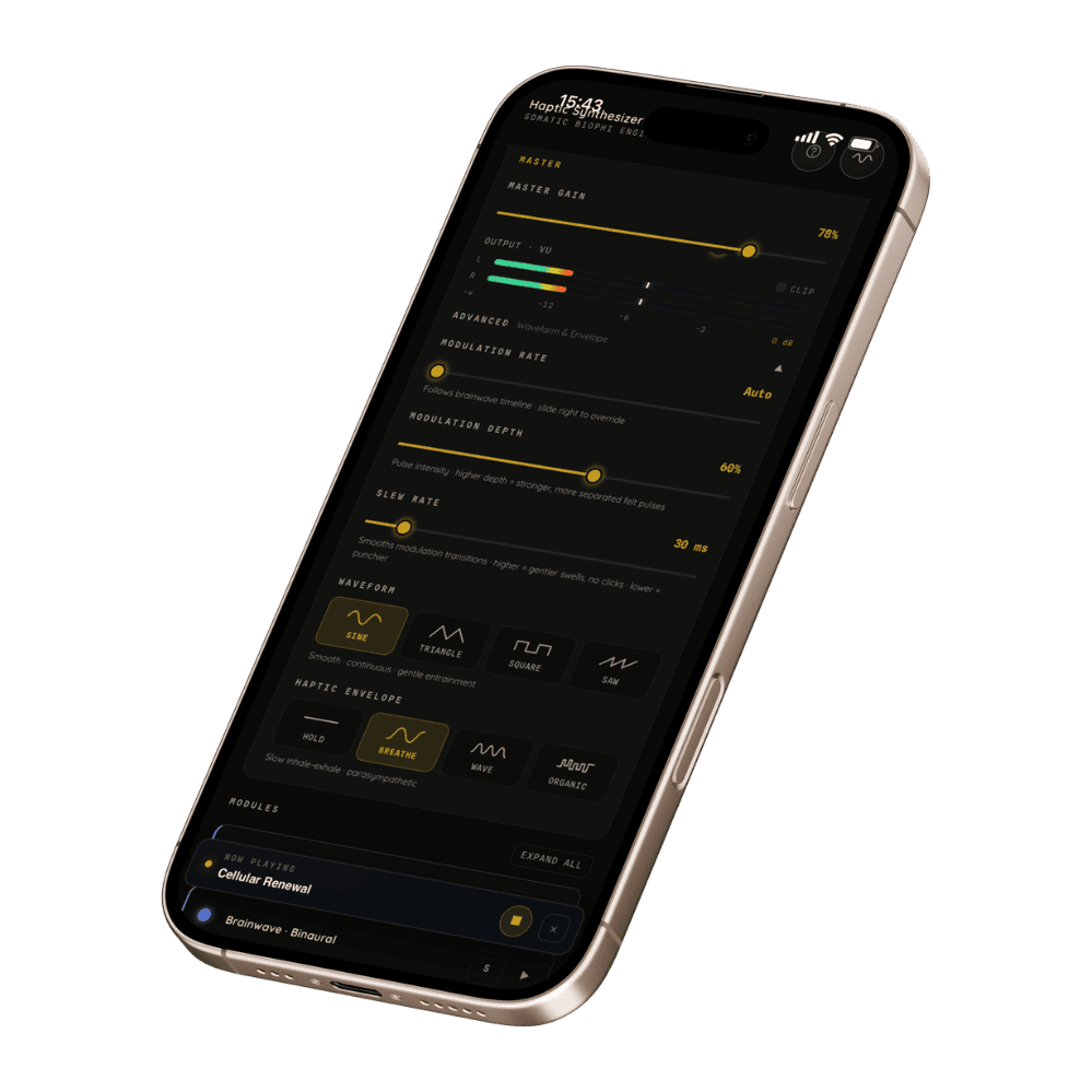 Advanced controls on iPhone - Modulation Rate, Modulation Depth, Slew Rate, Waveform and Haptic Envelope