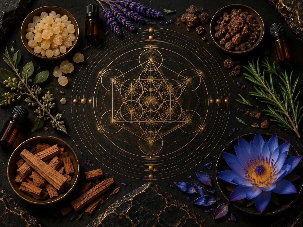 Botanicals and resins arranged around a golden sacred geometry field