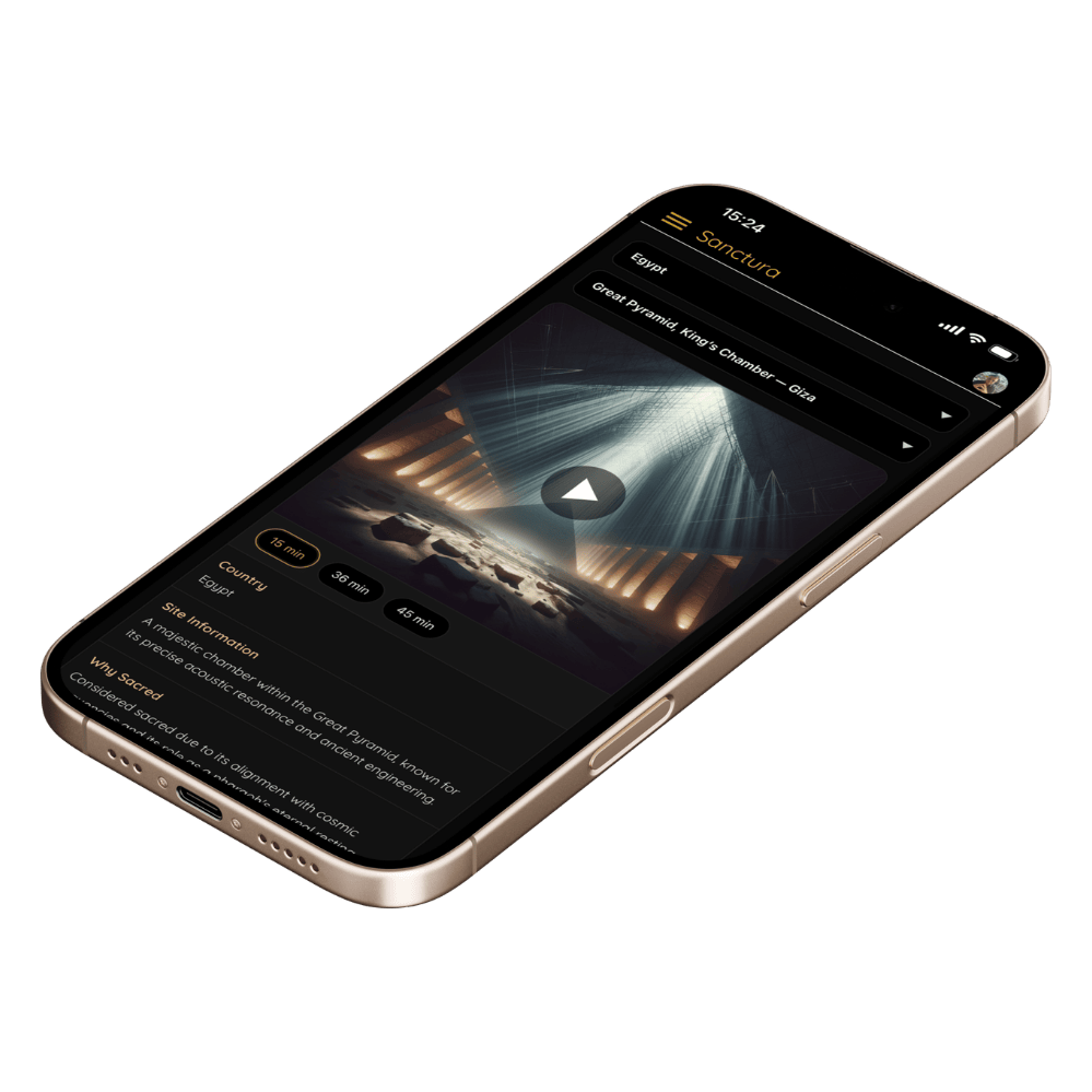 Sanctura app showing the Great Pyramid King's Chamber session with 15, 36 and 45 minute immersion options