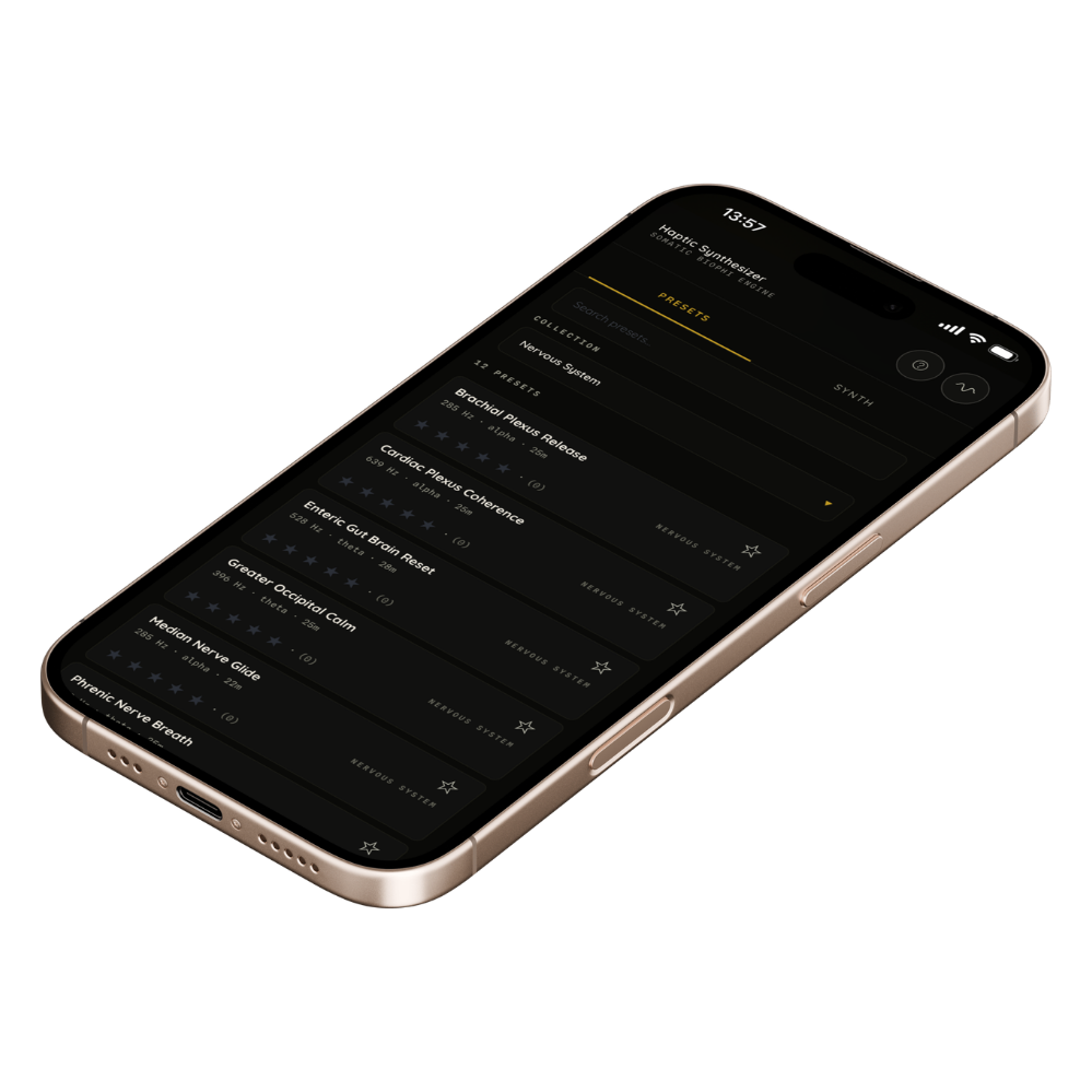 Haptic Synthesizer preset library on iPhone - Nervous System collection showing Brachial Plexus Release, Cardiac Plexus Coherence and more
