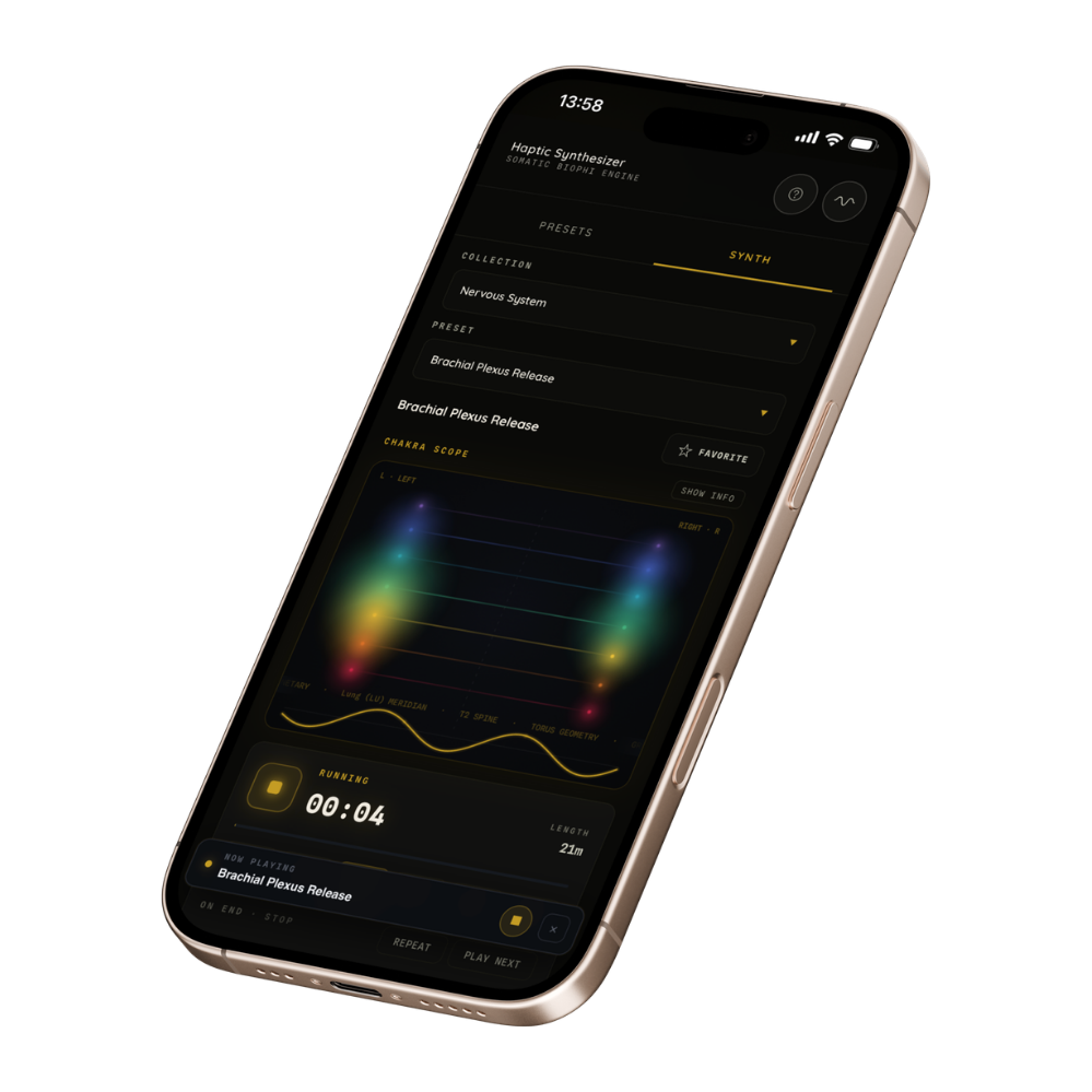 Live Chakra Scope on iPhone - seven colored chakra bands lit in real time on left and right ears with running session clock