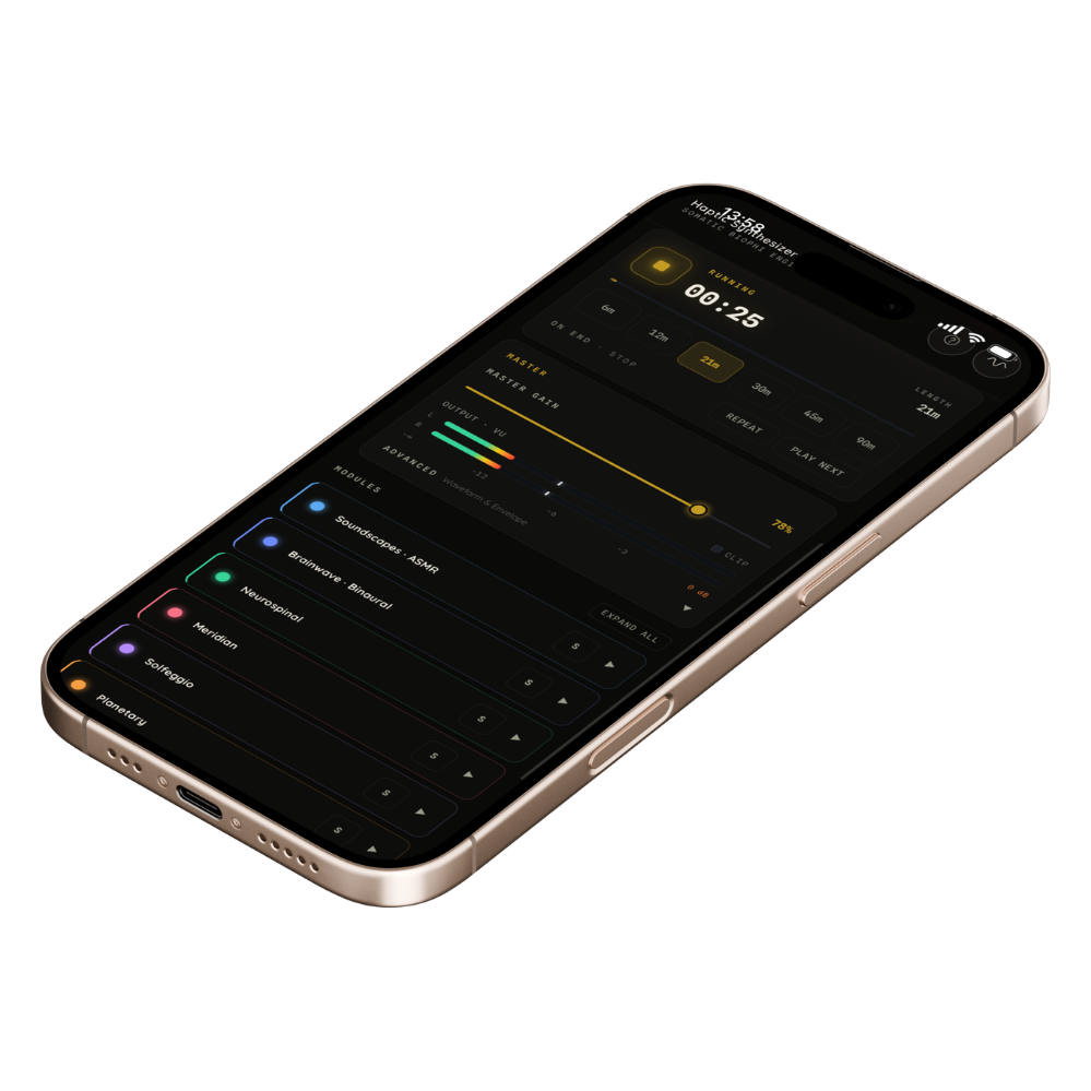 Haptic Synthesizer modules on iPhone - Soundscapes, Brainwave Binaural, Neurospinal, Meridian, Solfeggio, Planetary, Sacred Geometry