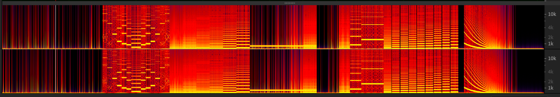 Stereo spectrogram of a single advanced program showing dense, evolving frequency content from sub-bass to 10kHz across left and right channels